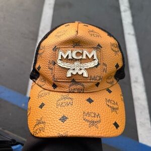 MCM Monogram Tan Leather Baseball Mesh Cap Adjustable Great Condition Designer